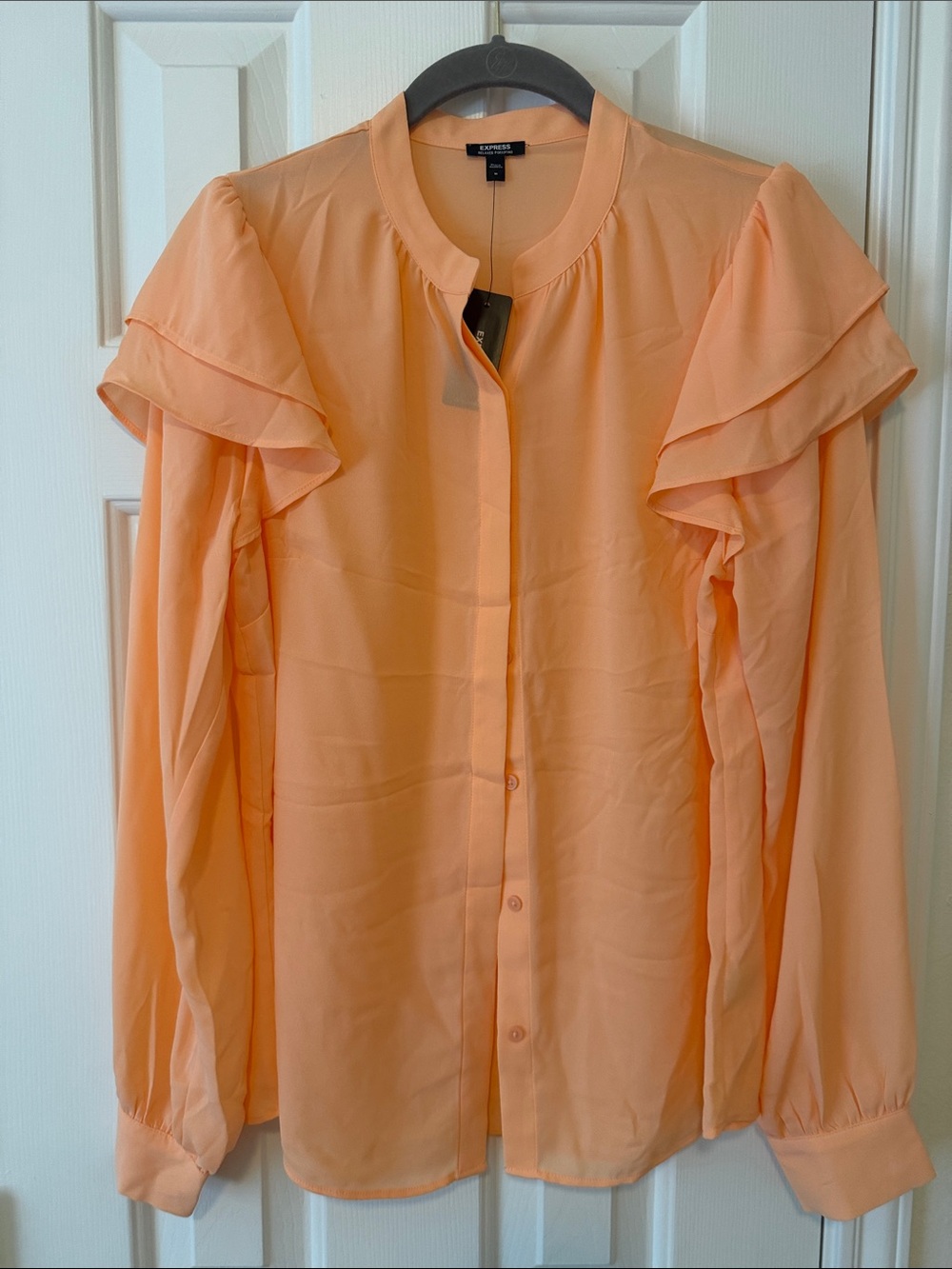 Express Peach Ruffle-Shoulder Button Down Blouse